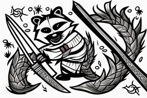 a burning raccoon sits with a katana in the ground tattoo idea