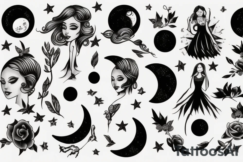 girl and moon tattoo idea