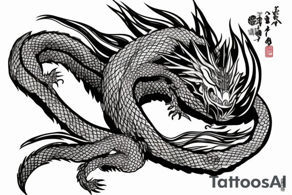 Miyazaki-style dragon entangles the girl from the cartoon Spirited Away. Black and white lines tattoo idea