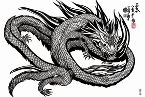 Miyazaki-style dragon entangles the girl from the cartoon Spirited Away. Black and white lines tattoo idea