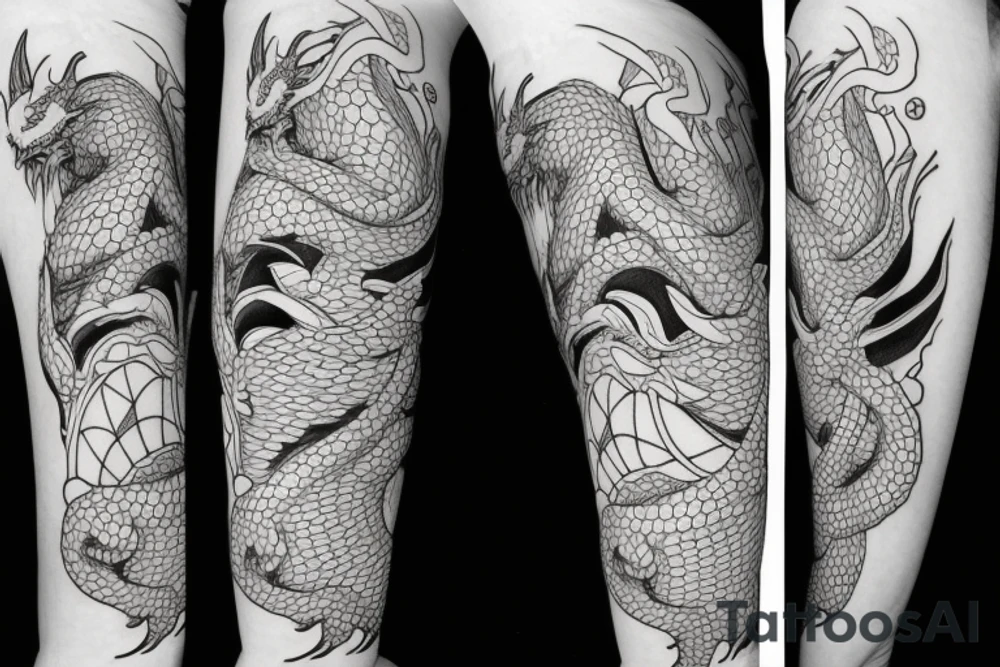Miyazaki-style dragon entangles the girl from the cartoon Spirited Away. Black and white lines tattoo idea