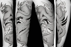 Miyazaki-style dragon entangles the girl from the cartoon Spirited Away. Black and white lines tattoo idea