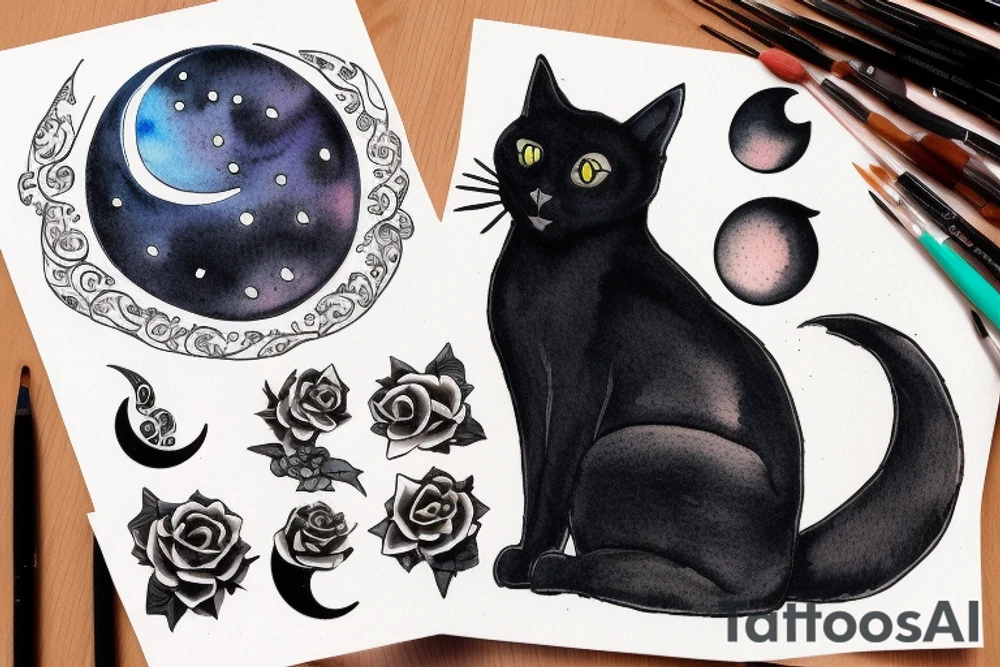 a black cat sitting on the tebal, looking at moon in the dark night tattoo idea