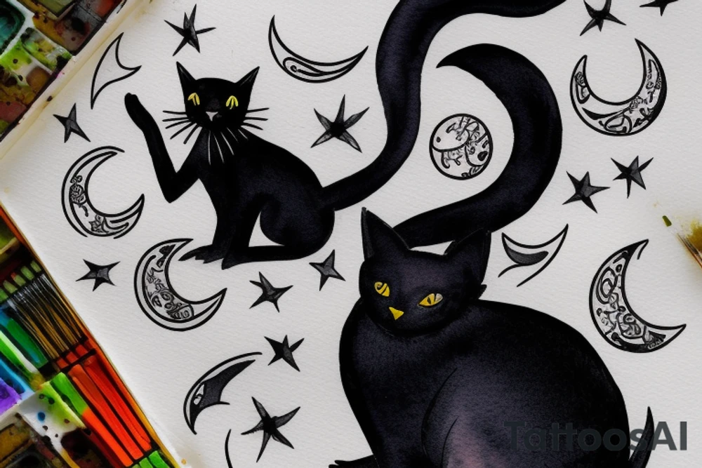 a black cat sitting on the tebal, looking at moon in the dark night tattoo idea