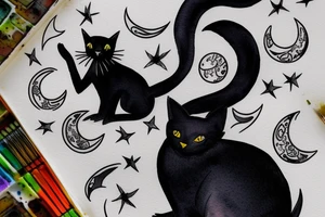 a black cat sitting on the tebal, looking at moon in the dark night tattoo idea
