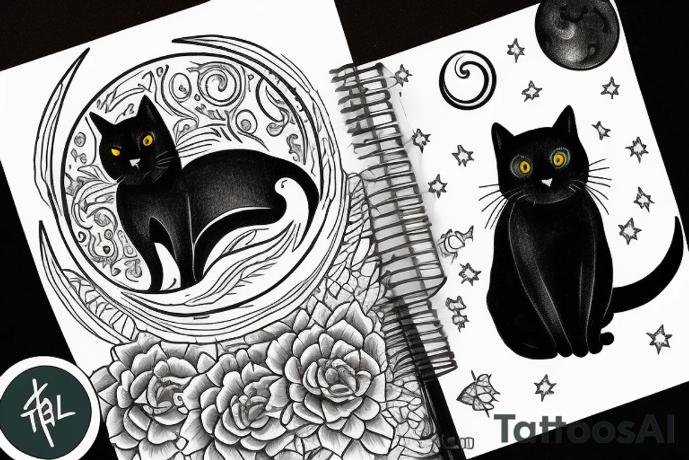 a black cat sitting on the tebal, looking at moon in the dark night tattoo idea