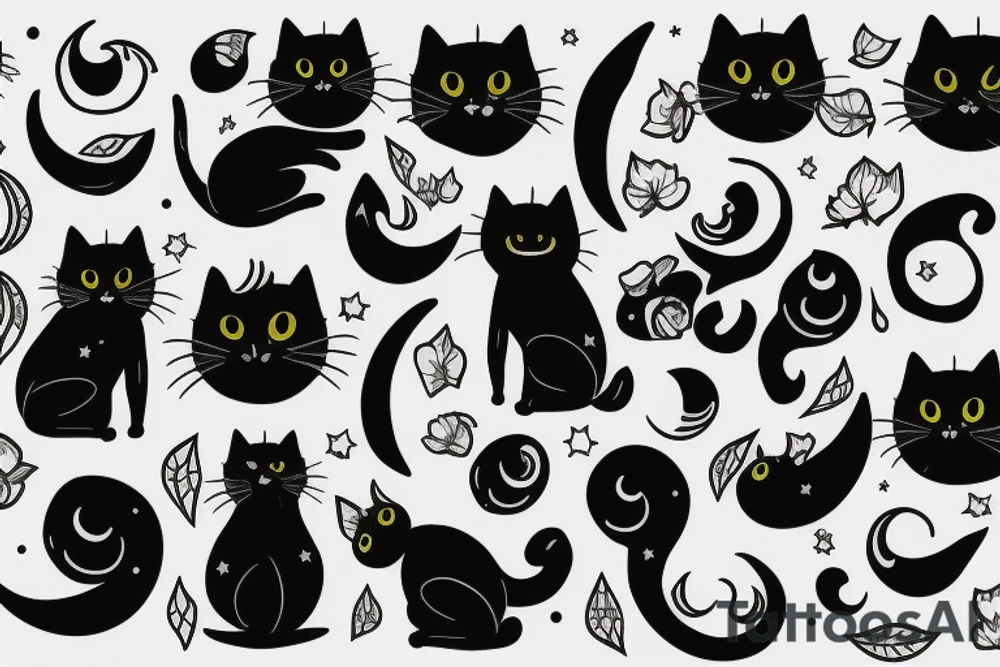 a black cat sitting on the tebal, looking at moon in the dark night tattoo idea