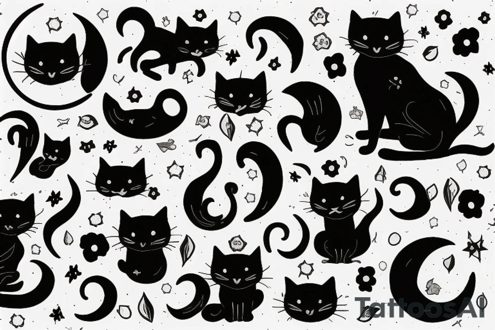 a black cat sitting on the table, looking at moon in the dark night tattoo idea