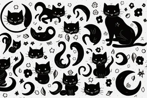 a black cat sitting on the table, looking at moon in the dark night tattoo idea
