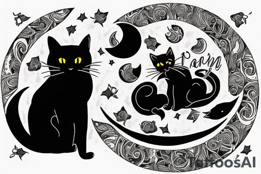 a black cat sitting on the table, looking at moon in the dark night tattoo idea