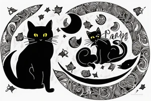 a black cat sitting on the table, looking at moon in the dark night tattoo idea