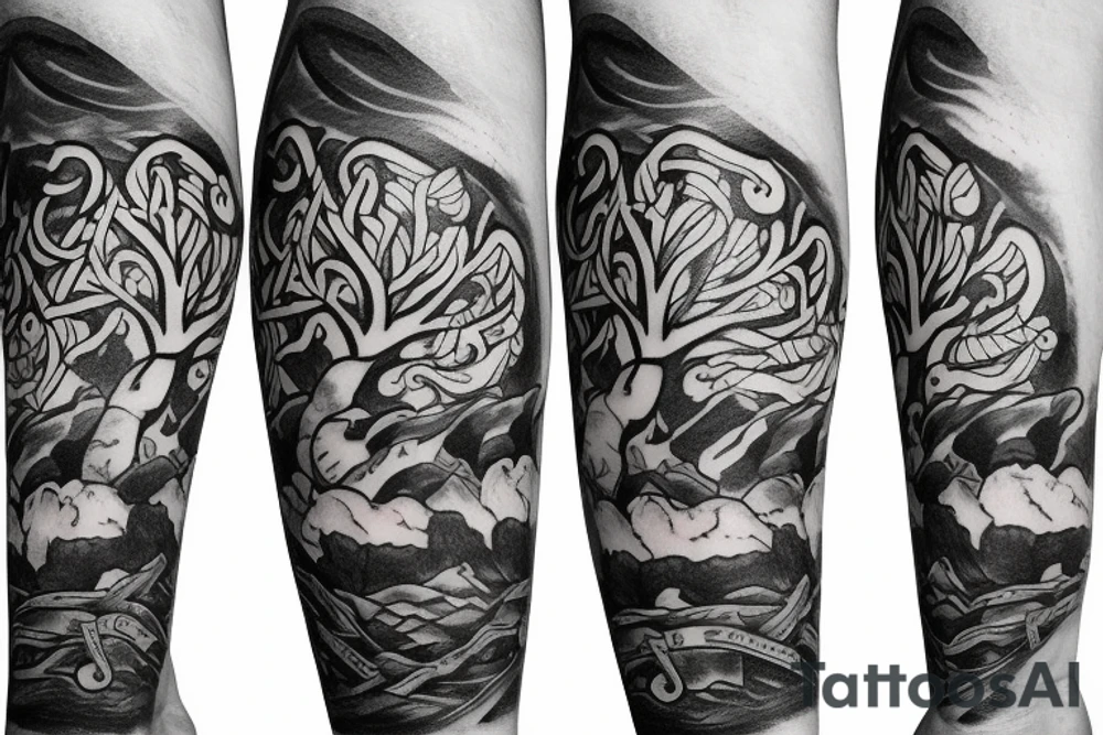 gaelic and irish heritage like tree of life mixed with seattle tech and mountains arm sleeve tattoo idea