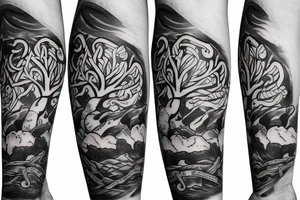 gaelic and irish heritage like tree of life mixed with seattle tech and mountains arm sleeve tattoo idea