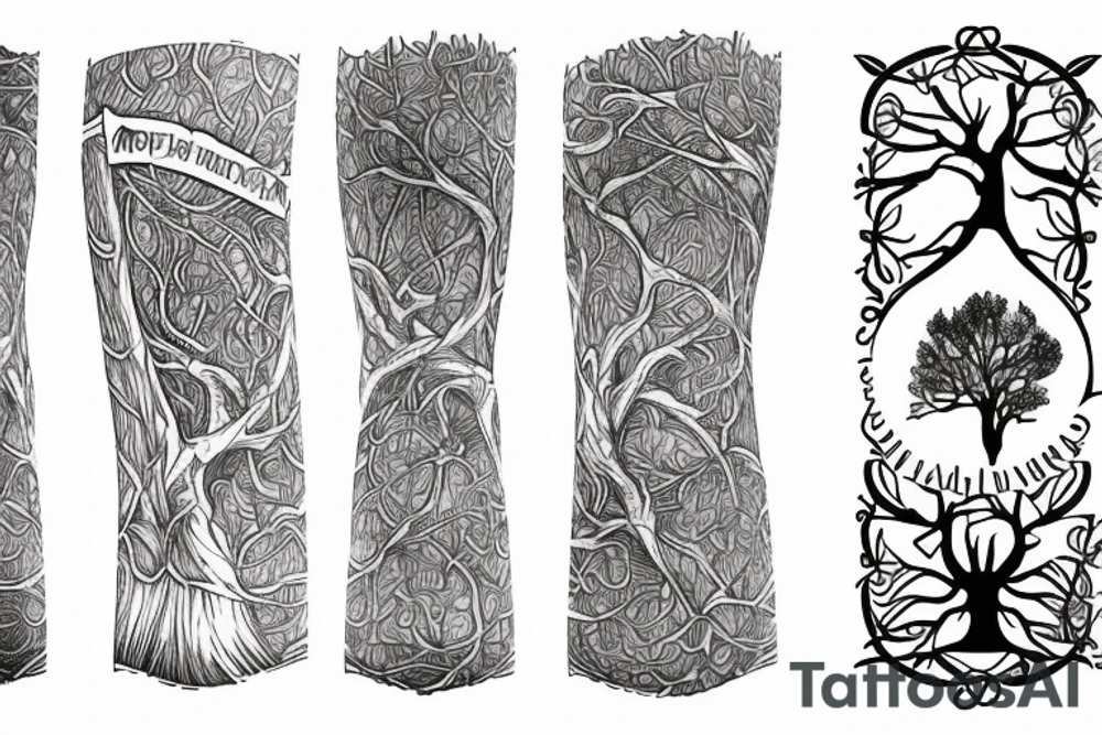 gaelic and irish heritage like tree of life mixed with seattle tech and mountains arm sleeve tattoo idea