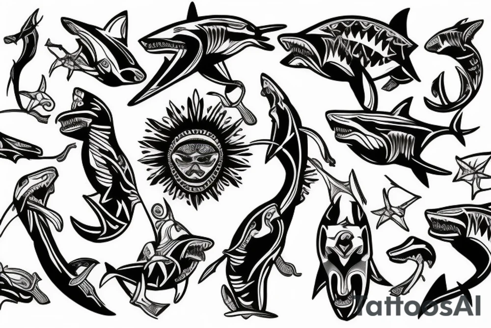 Shark, bear, eagle, bones tattoo idea