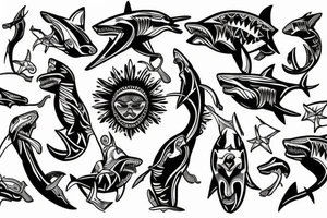 Shark, bear, eagle, bones tattoo idea