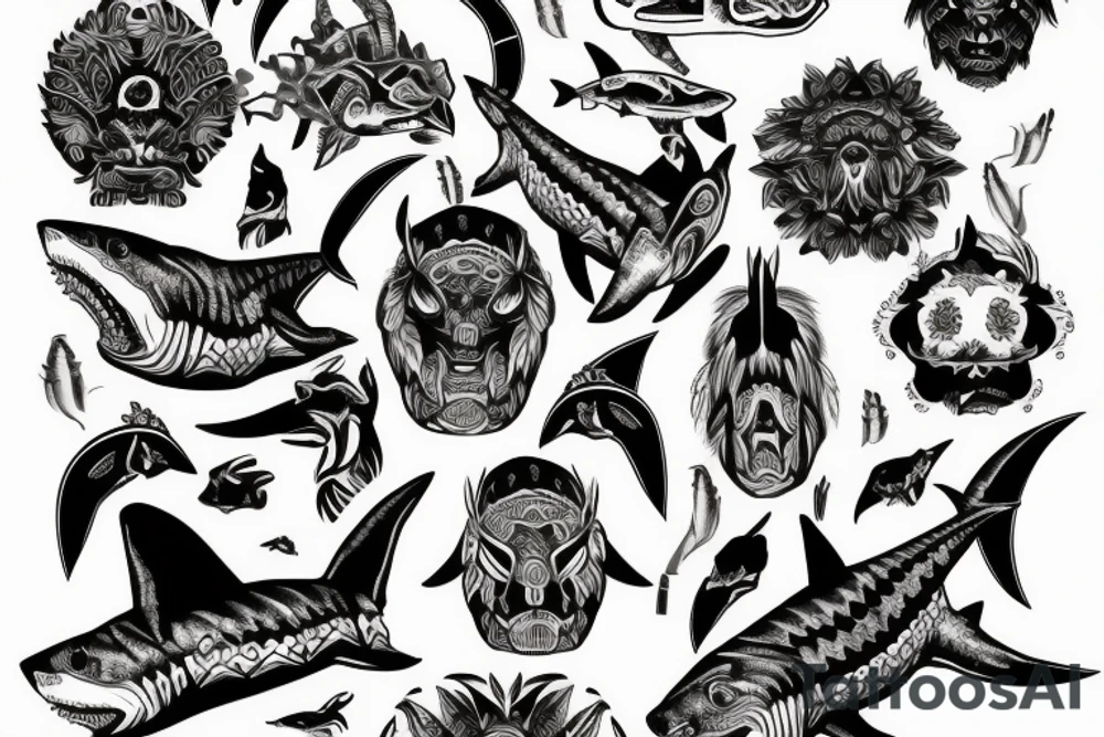 Shark, bear, eagle, bones tattoo idea