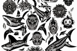 Shark, bear, eagle, bones tattoo idea