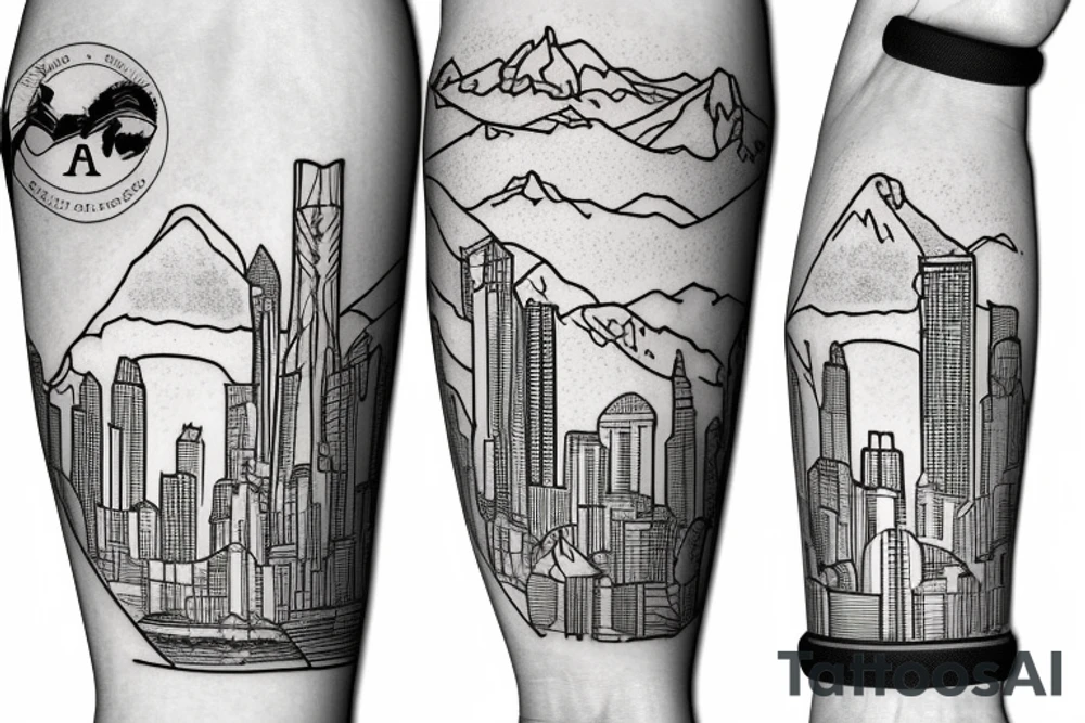 gaelic design mixed with seattle skyline and nature and mountains arm sleeve tattoo idea