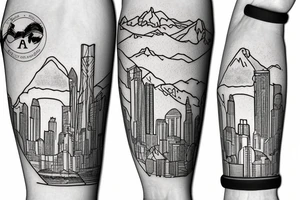 gaelic design mixed with seattle skyline and nature and mountains arm sleeve tattoo idea
