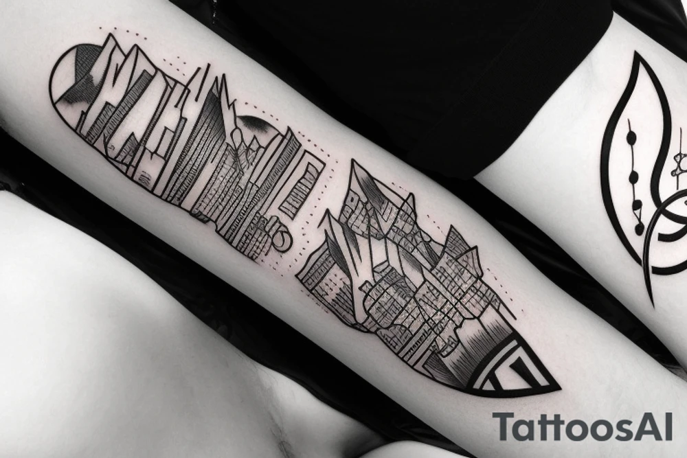 gaelic design mixed with seattle skyline and nature and mountains arm sleeve tattoo idea