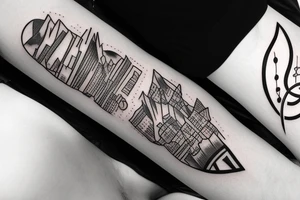 gaelic design mixed with seattle skyline and nature and mountains arm sleeve tattoo idea