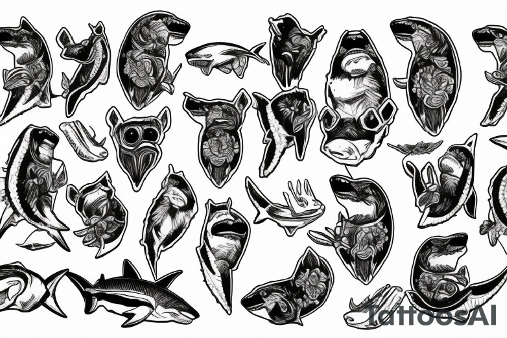 Shark, bear, eagle, bones tattoo idea
