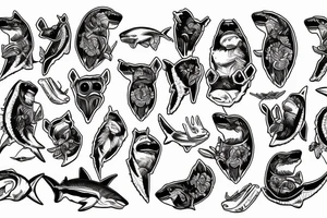 Shark, bear, eagle, bones tattoo idea