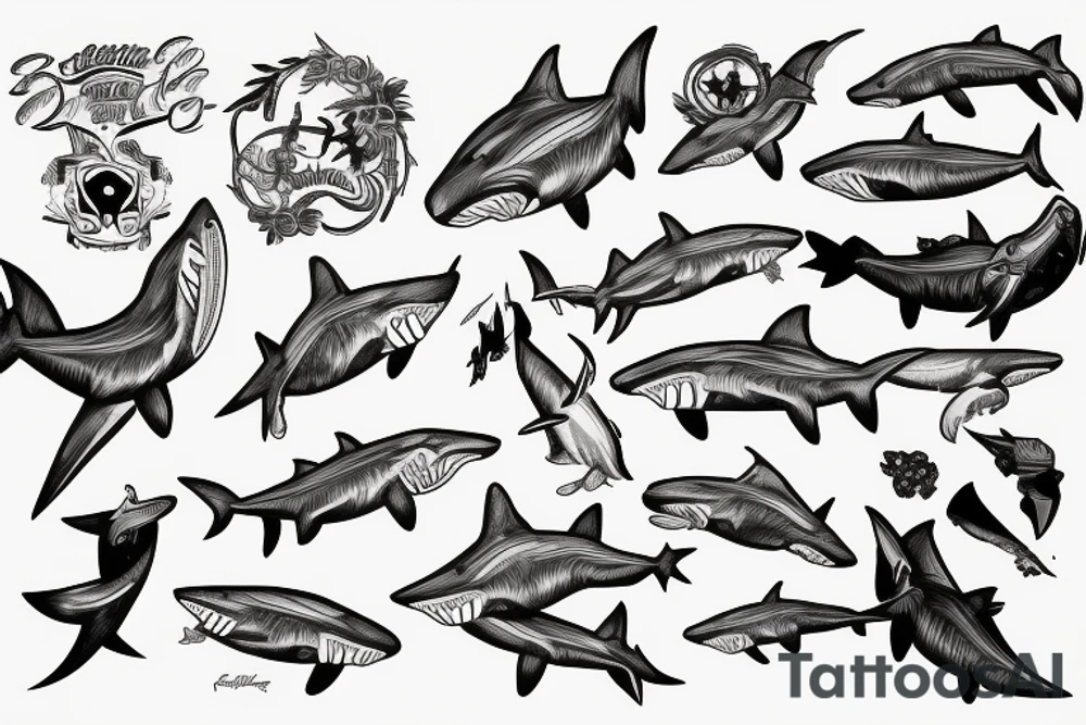 Shark, bear, eagle, bones tattoo idea