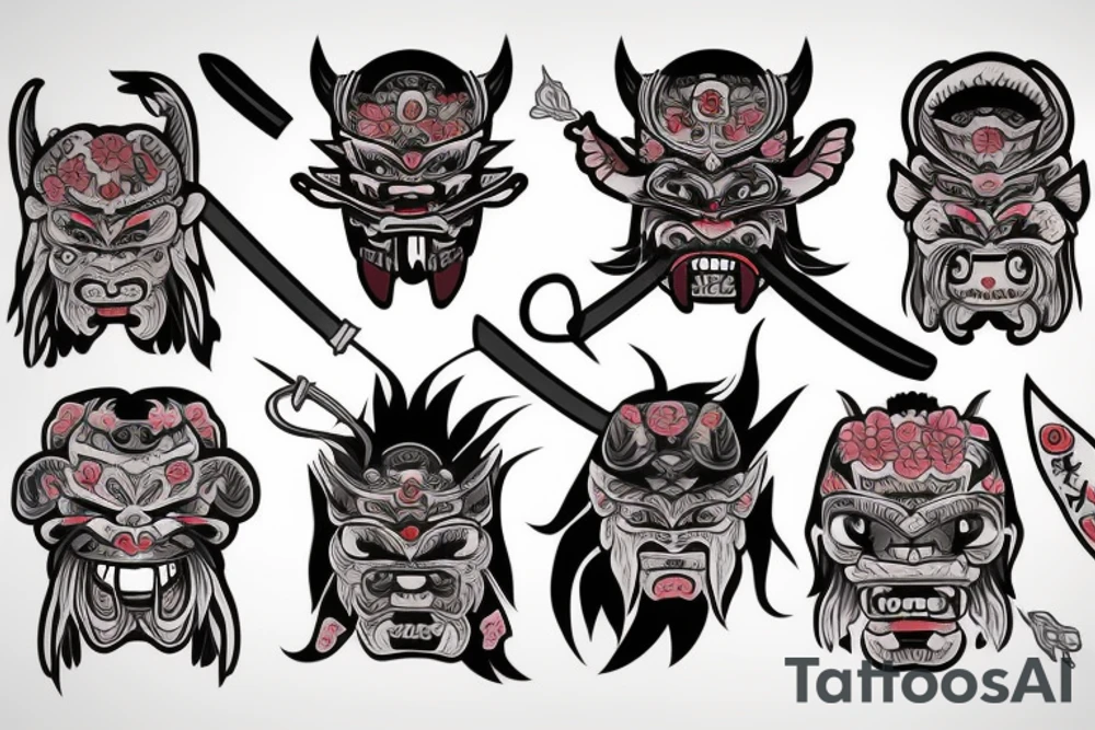 Oni mask with plants sakura and big katana sword tattoo idea