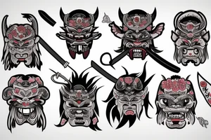 Oni mask with plants sakura and big katana sword tattoo idea