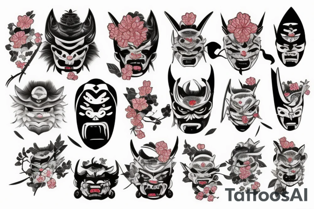 Oni mask with plants sakura and big katana sword tattoo idea