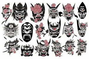 Oni mask with plants sakura and big katana sword tattoo idea