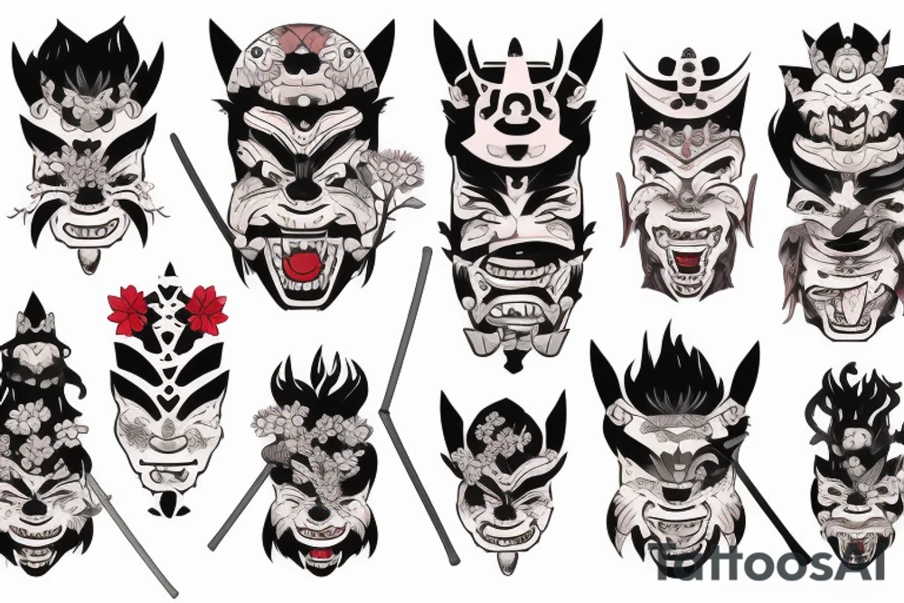 Oni mask with plants on background sakura and big katana sword tattoo idea