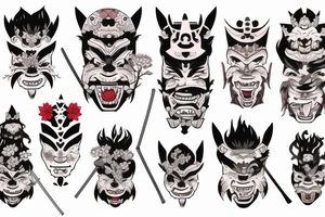 Oni mask with plants on background sakura and big katana sword tattoo idea