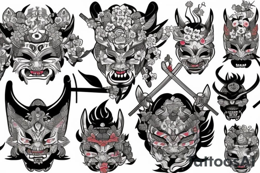 Oni mask with plants on background sakura and big katana sword tattoo idea