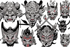 Oni mask with plants on background sakura and big katana sword tattoo idea