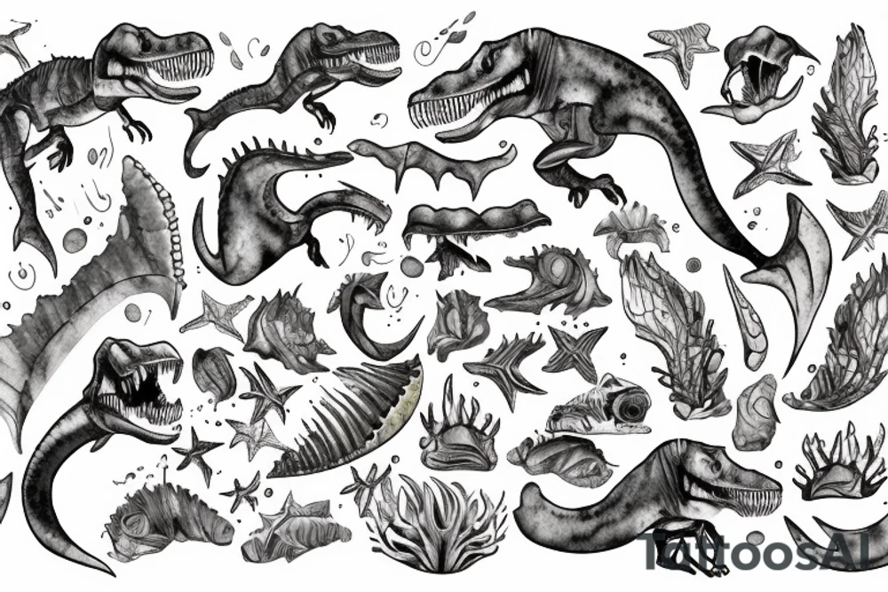 t-rex bones with mermaid tail tattoo idea