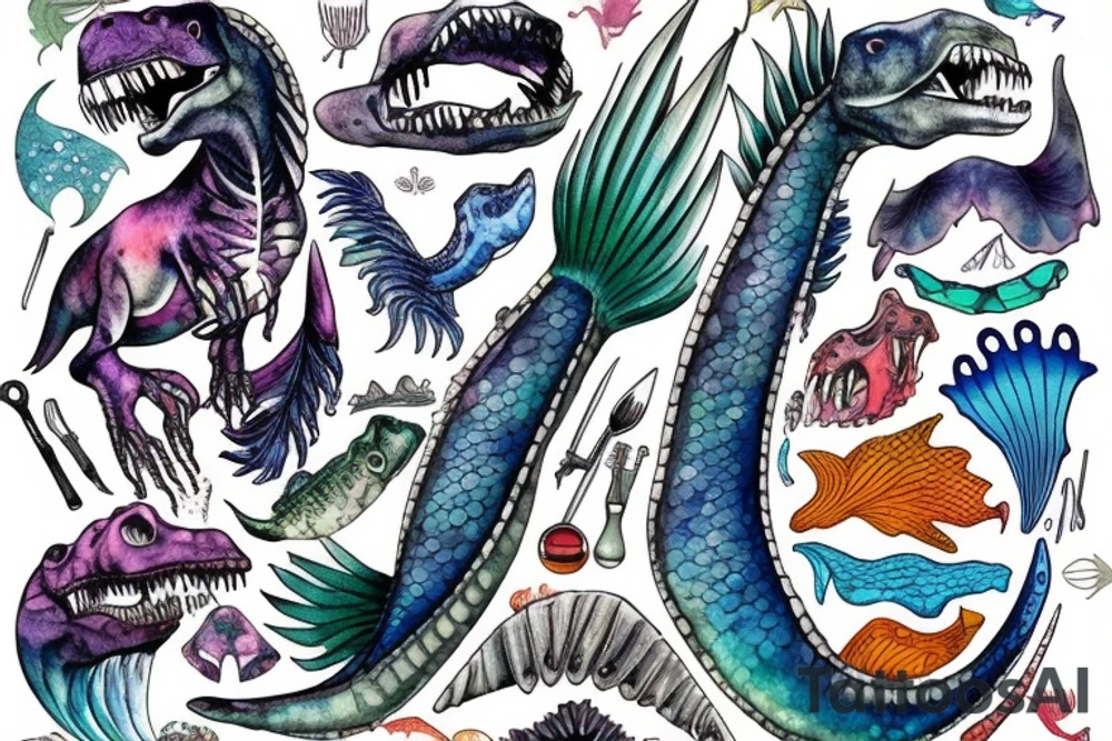 t-rex bones with mermaid tail tattoo idea