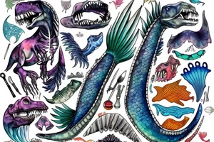 t-rex bones with mermaid tail tattoo idea