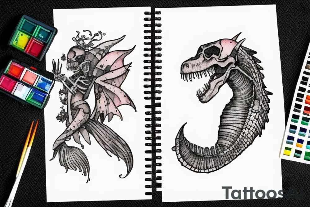 t-rex skeleton with mermaid tail tattoo idea