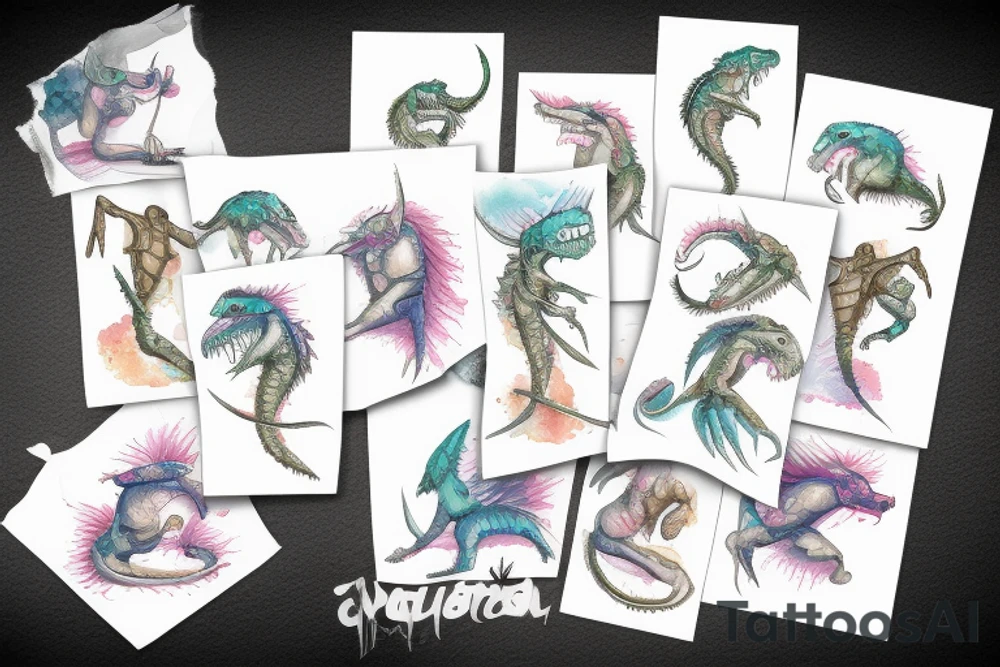 t-rex skeleton with mermaid tail tattoo idea