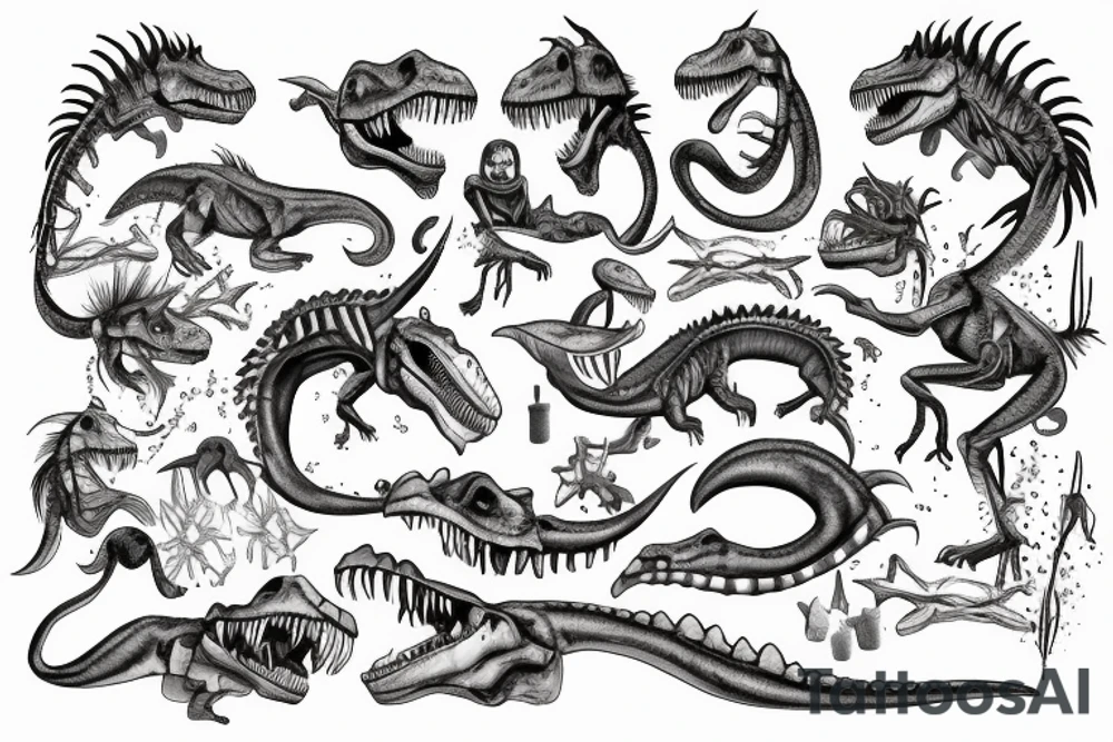 t-rex skeleton with mermaid tail tattoo idea