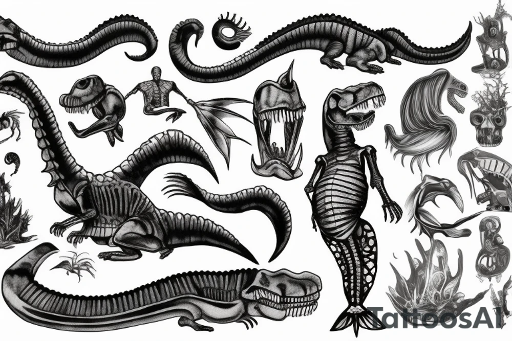 t-rex skeleton with mermaid tail tattoo idea