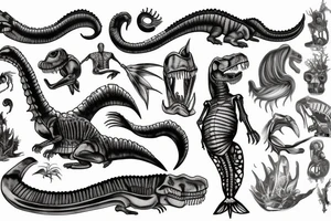 t-rex skeleton with mermaid tail tattoo idea
