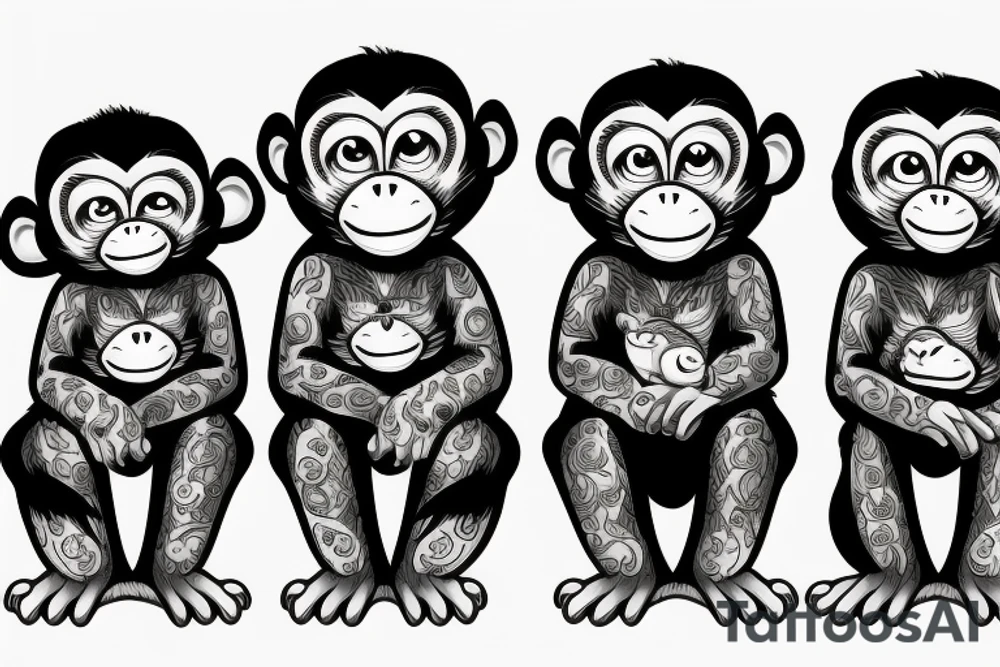 three monkey with closed eyes, ears and mouth. in the middle the monkey screams furiously tattoo idea