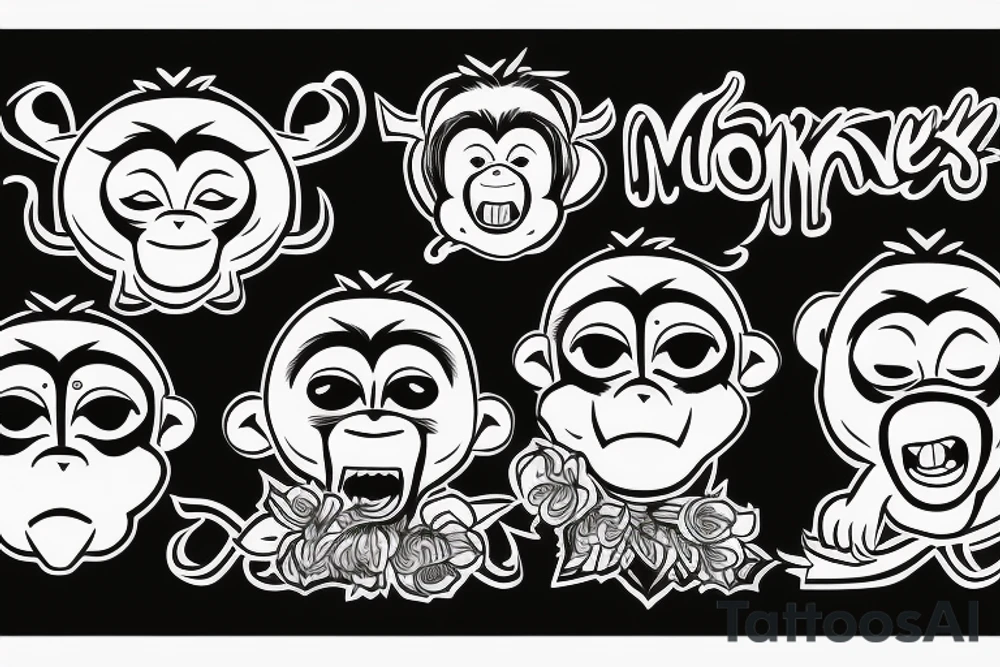 three monkey with closed eyes, ears and mouth. in the middle the monkey screams furiously tattoo idea