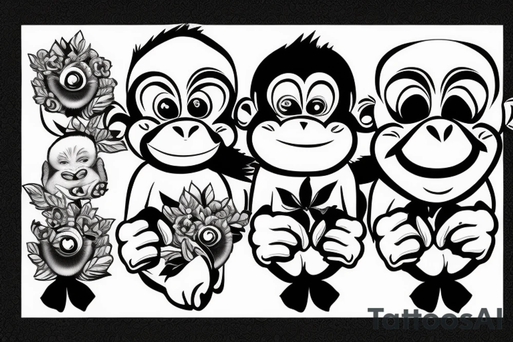 three monkey with closed eyes, ears and mouth. in the middle the monkey screams furiously tattoo idea