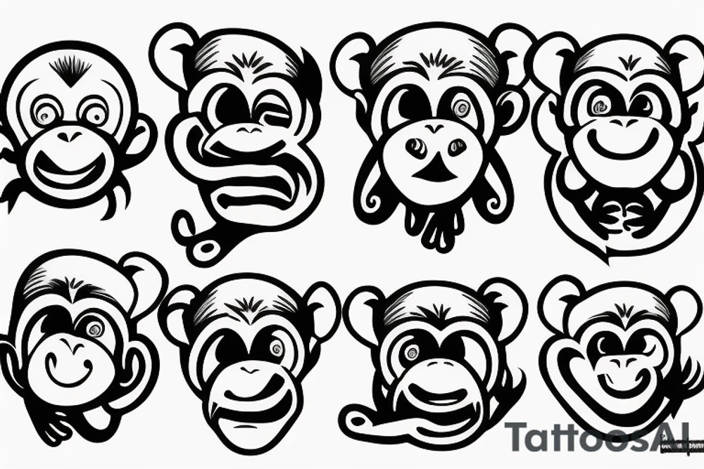 three monkey with closed eyes, ears and mouth.  in the middle the monkey screams furiously tattoo idea