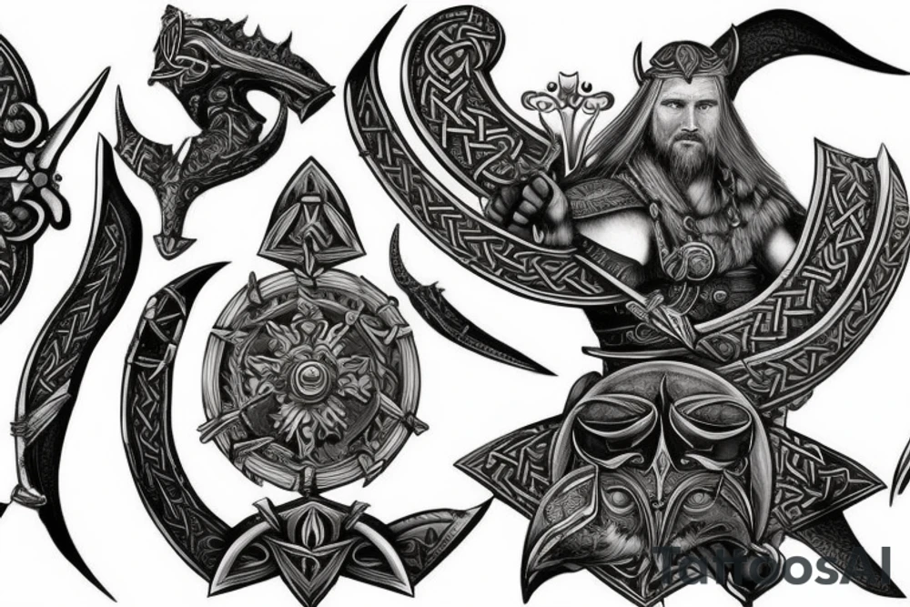 fantasy beautiful viking tattoo design full body, on the background of weapons and shields : : black on white : : highly detailed, realistic, 8k render --ar 2:3 tattoo idea